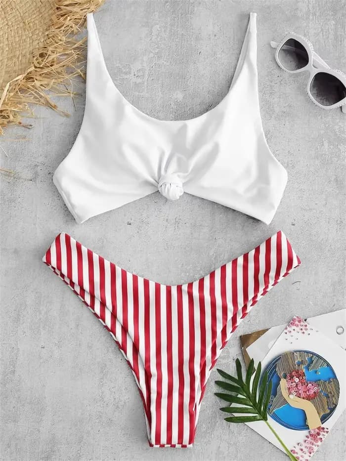Micro bikini sexy 2026 pour femme, maillot de bain à col rond rayé, avec nœud et franges, tenue de p