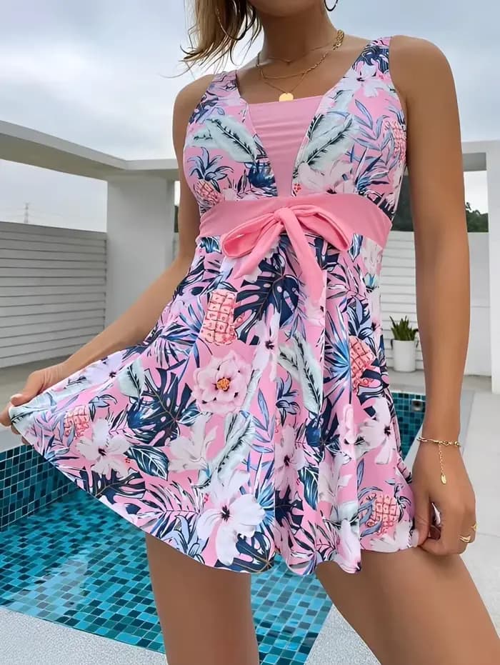 Maillot de bain une pièce pour femmes, jupe, Push-up, imprimé Tropical, vêtements de plage, printemp