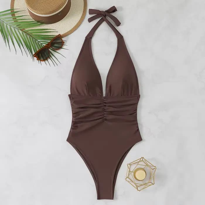 Nouveau Maillot de Bain Une Pièce Femme 2026 – Col V Amincissant, Halter, Couleur Unie, Tendance et