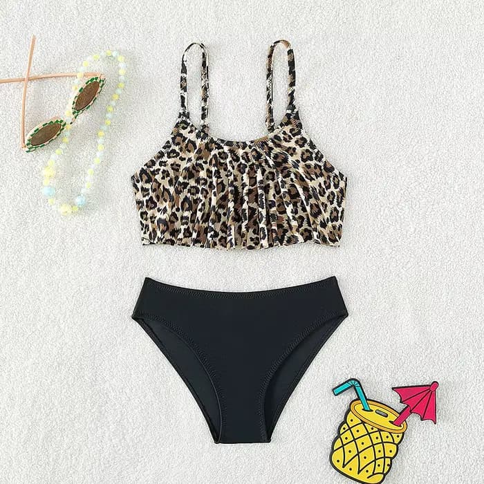 Maillot de bain deux pièces pour enfants de 5 à 14 ans, ensemble Bikini léopard, fendu, pour adolesc