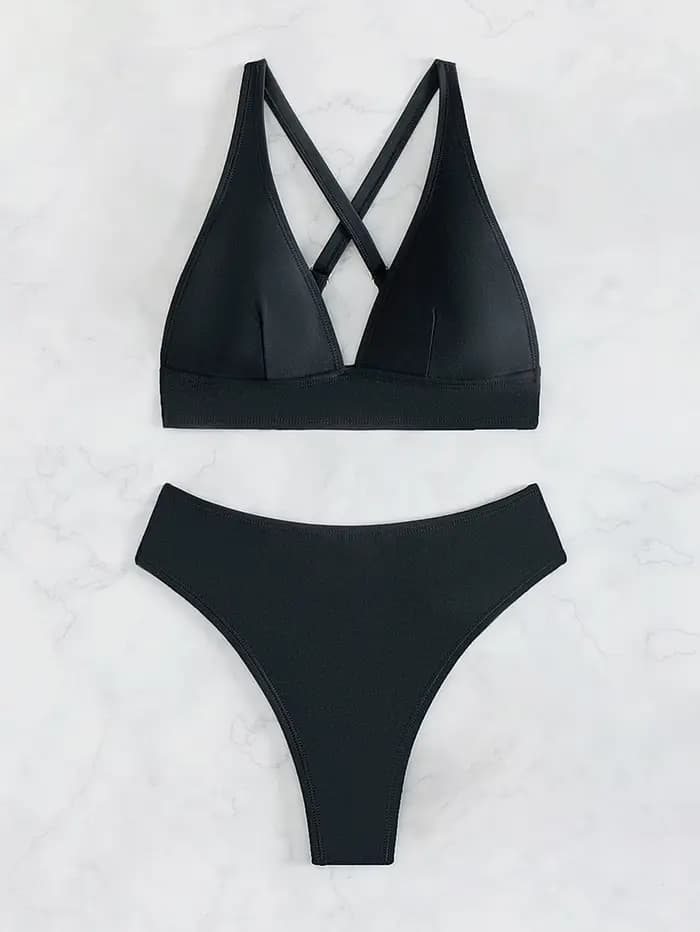 Maillot de bain noir uni pour femme, collection été 2026, ensemble bikini 2 pièces taille haute, mai