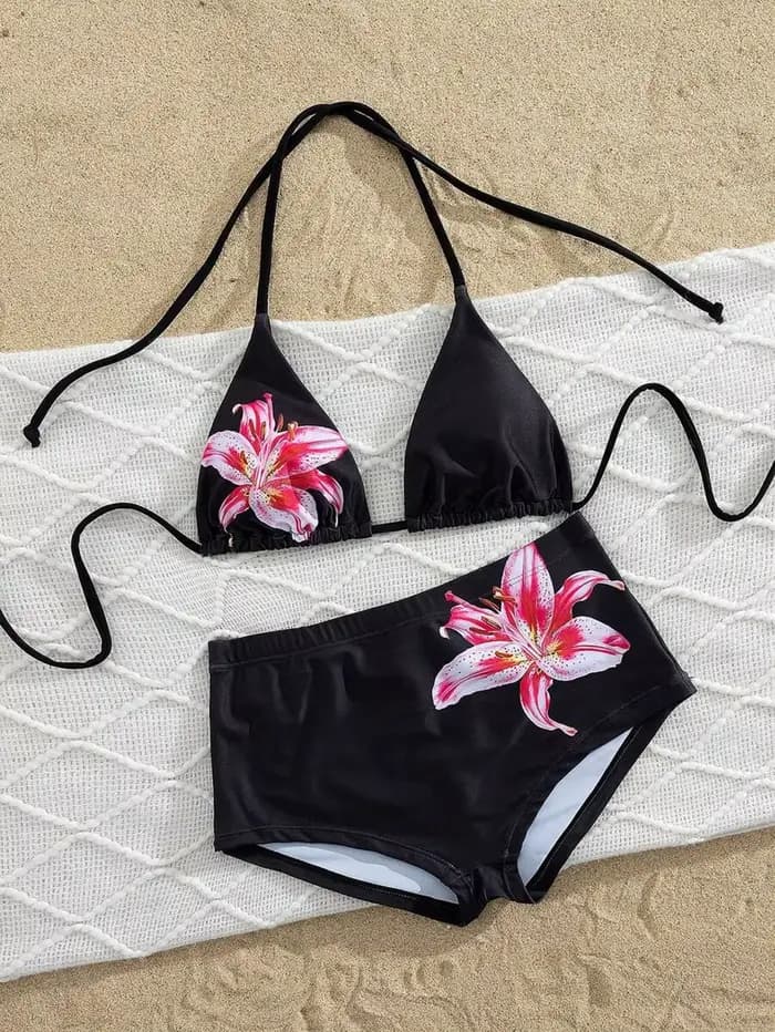 Ensemble de bikini triangle dos nu noir imprimé lys pour femme, collection été 2026, sans rembourrag