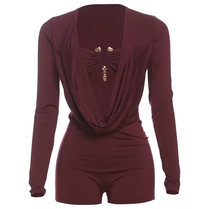 Combinaisons pour femmes, Sexy, col en V profond, manches longues, barboteuse, couleur unie, short m