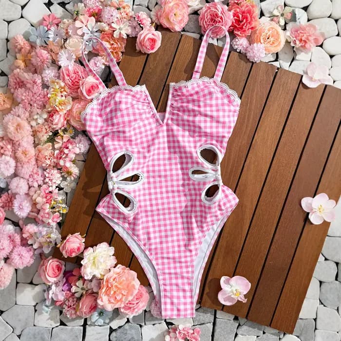 Maillot de bain une pièce amincissant, taille découpée sur le côté, avec imprimé vichy, Sexy, Corset