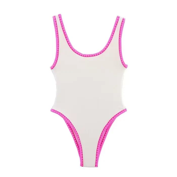 Maillot de bain une pièce pour femme, blanc et rose, avec bordure contrastée, style string à coupe h