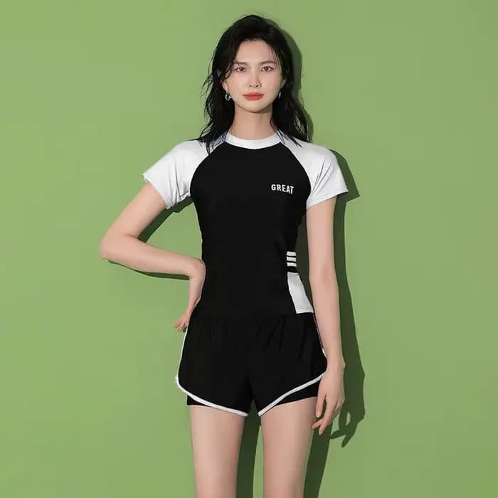 Maillot de bain deux pièces à manches courtes, short double couche taille haute, adapté pour la plag