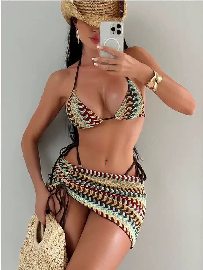Bikini imprimé avec jupe licou maillot de bain à bretelles femmes maillots de bain trois pièces ense