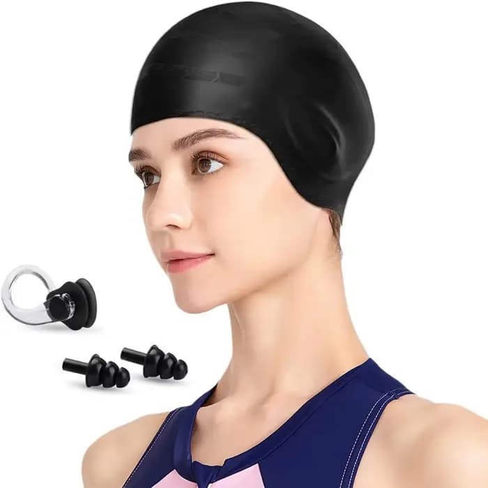 Bonnet de bain 1 pièce, bonnet de bain pour hommes et femmes, bonnet imperméable, 1 pince-nez, 2 bou