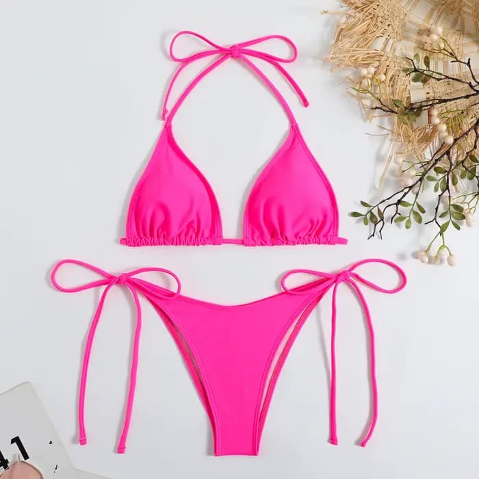 Sexy femmes string couleur unie Bikini ensemble côté licou cravate maillot de bain dames sangle fend