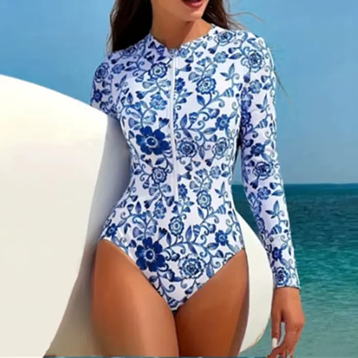 Maillot de bain une pièce imprimé pour femme, taille haute, manches longues, sexy, moulant, style co