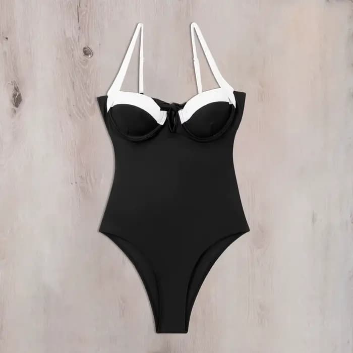 Maillot de bain une pièce sexy noir et blanc patchwork avec armatures, push-up en V, contrôle du ven