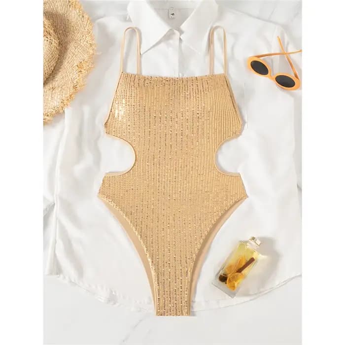 Nouveau Maillot de Bain Une Pièce Femme à Paillettes Brillantes, Découpes, Dos Nu, Coupe Haute, Remb