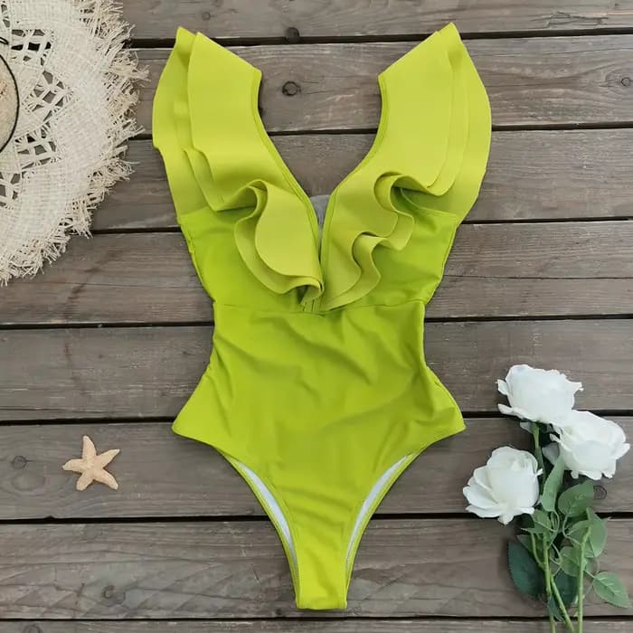 Maillot de bain une pièce, Sexy, blanc uni, à volants, jaune, pour femmes, vêtements de plage, dos n