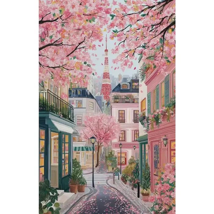 Affiche de paysage de voyage au Japon, ville florale rose, village japonais, fleurs de cerisier, pei