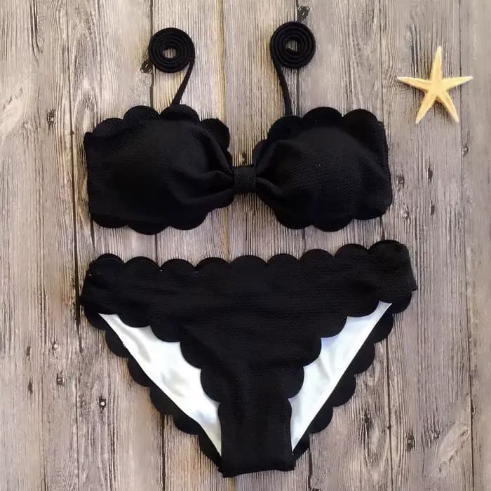 Maillot de bain Push Up, Bikini, garniture festonnée, noir, jaune, rouge, Bandeau, couleur unie, vêt
