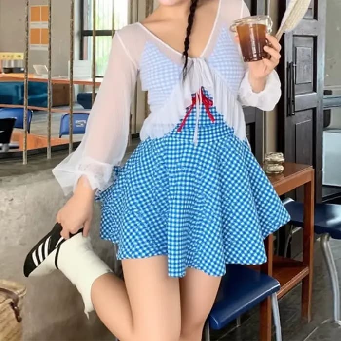 Maillot de bain grande taille une pièce ou trois pièces, style rétro à carreaux, manches longues, pr