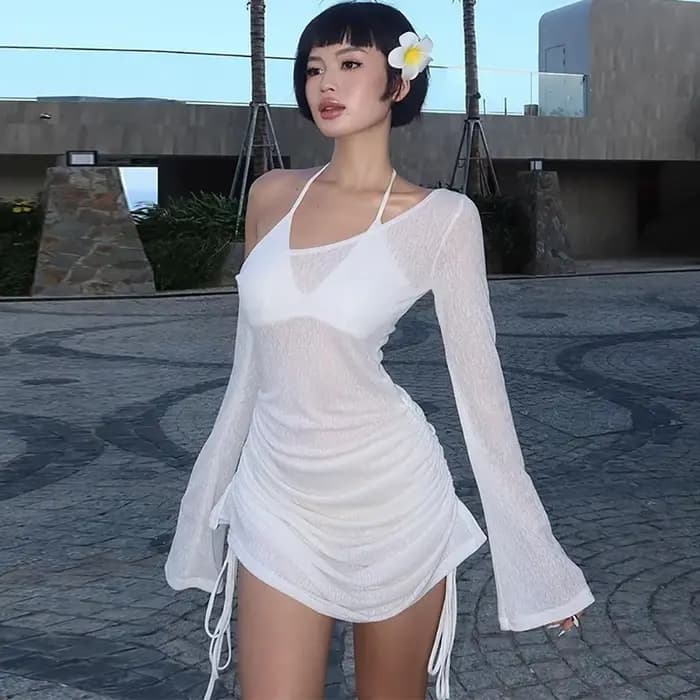 Maillot de bain transparent pour femmes, Cover-Up pour les maillots de bain, cordon de serrage, robe