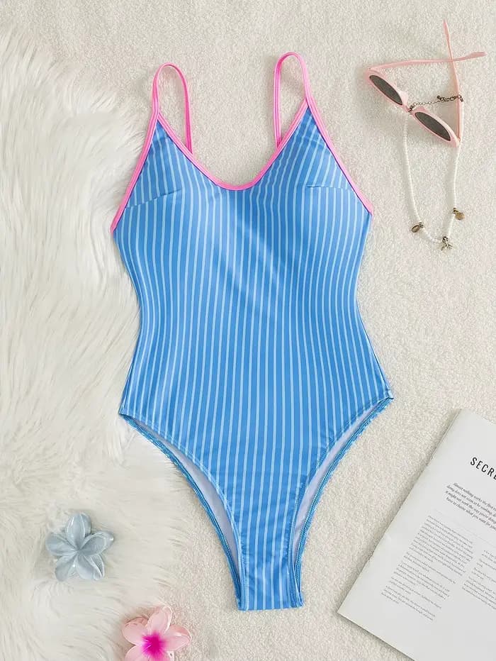 Maillot de bain une pièce rayé bleu pour femmes, bordure rose contrastée, col en V, bretelles spaghe