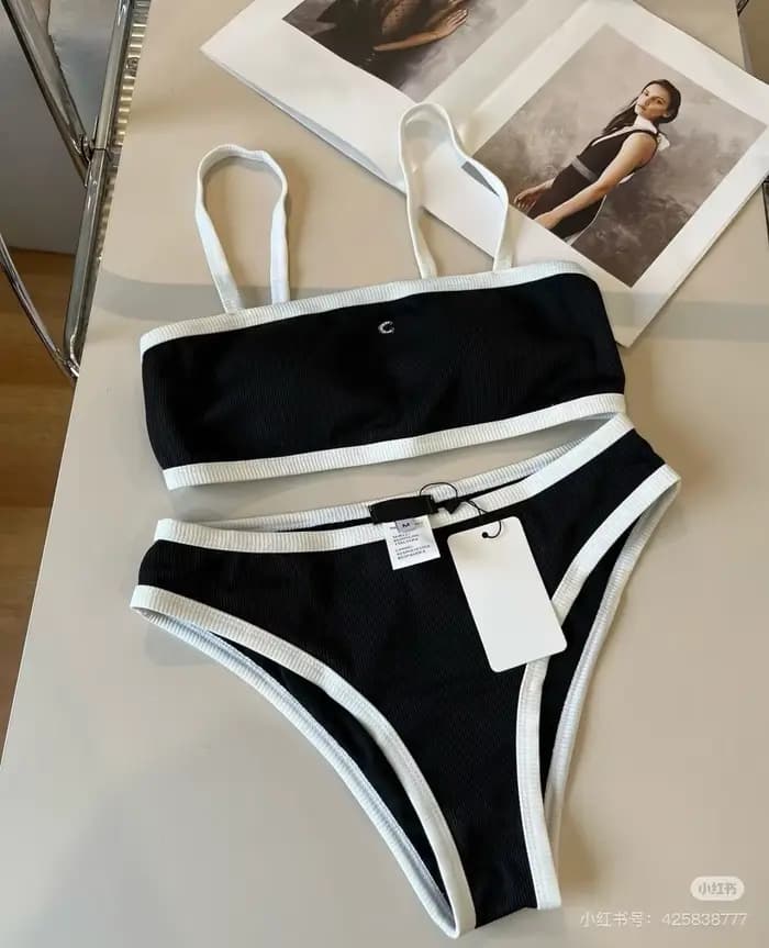 Maillot de bain bikini femme color block à bretelles, noir et blanc, été