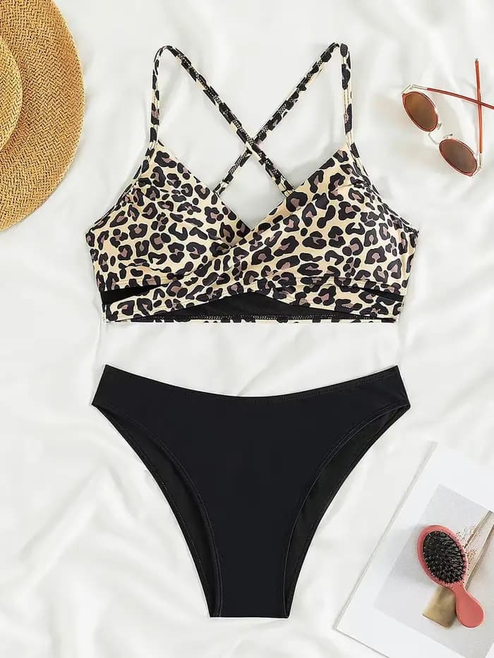 Maillot de bain bikini léopard dos croisé pour femme, ensemble deux pièces, tenue de plage