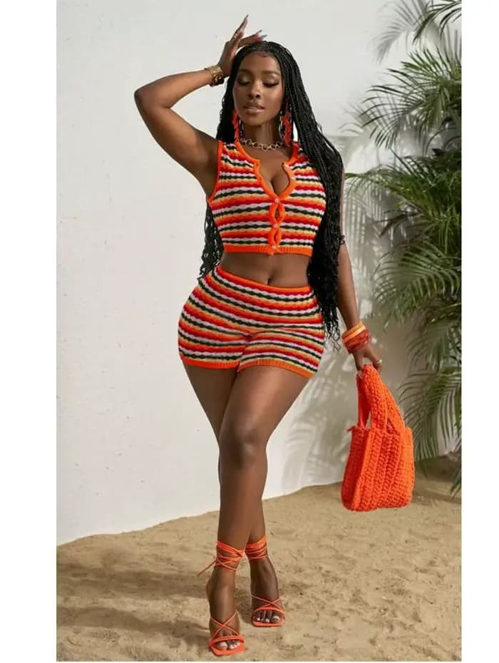 Ensemble 2 pièces Sexy pour femmes, débardeur rayé tricoté et costumes courts, ensembles de vacances