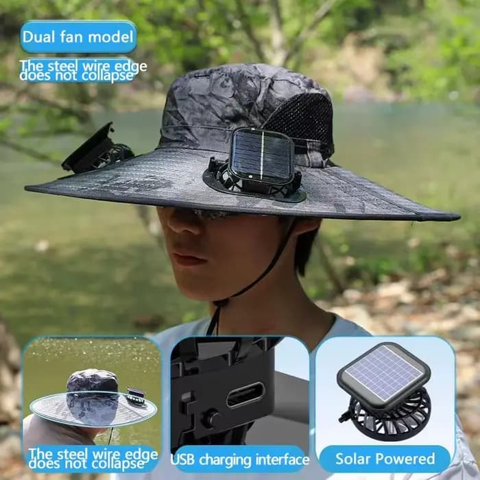 Chapeau solaire à double ventilateur à large bord, pour Camping en plein air, pêche, Anti-UV, pour h