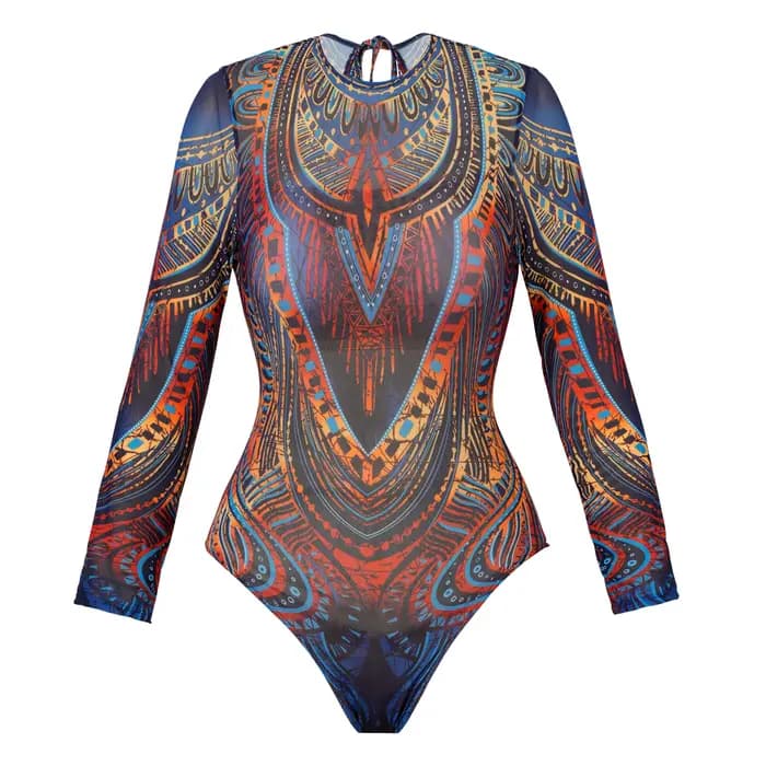 Maillot de bain une pièce vintage bleu à imprimé ethnique avec jupe longue en maille, ensemble 2026