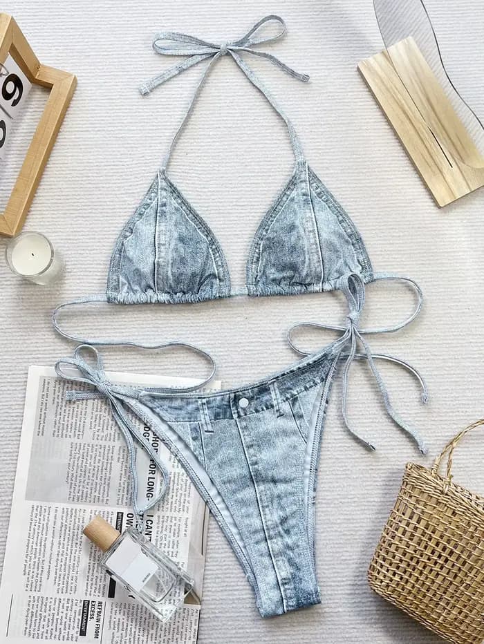 Maillot de bain sexy imprimé pour femmes, bikini, bandage, col licou, trikini, tenue de plage, livra