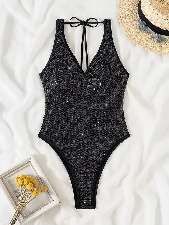 Maillot de bain une pièce pour femme à paillettes brillantes, col en V, coupe haute, monokini dos nu