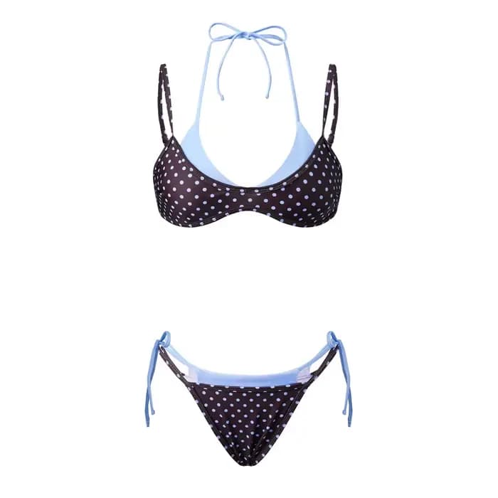 Hirigin Ensemble bikini double couche pour femme, imprimé à pois, soutien-gorge à nouer sur le côté,