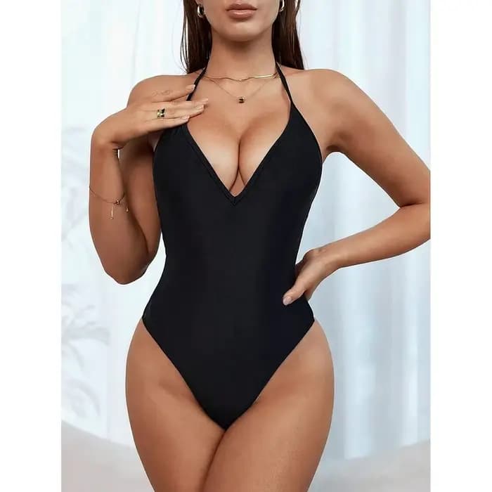 Sexy V profond maillot de bain pour femmes maillots de bain une pièce dos nu femme licou cravate Bik