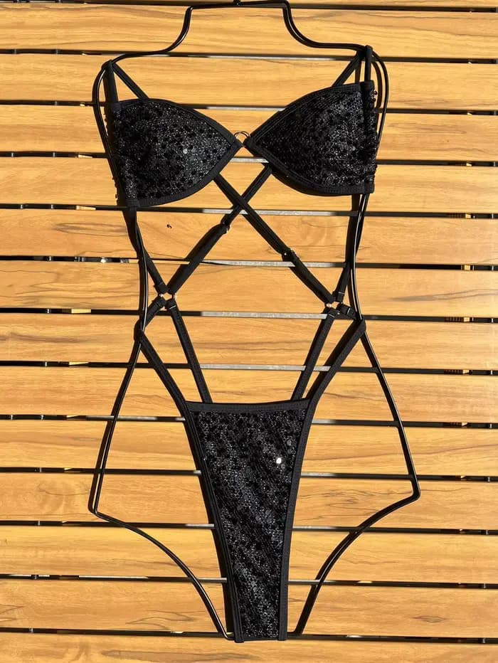 Micro maillot de bain à paillettes noires, Sexy, une pièce, bikini pour femmes, dos nu, croisé, tenu