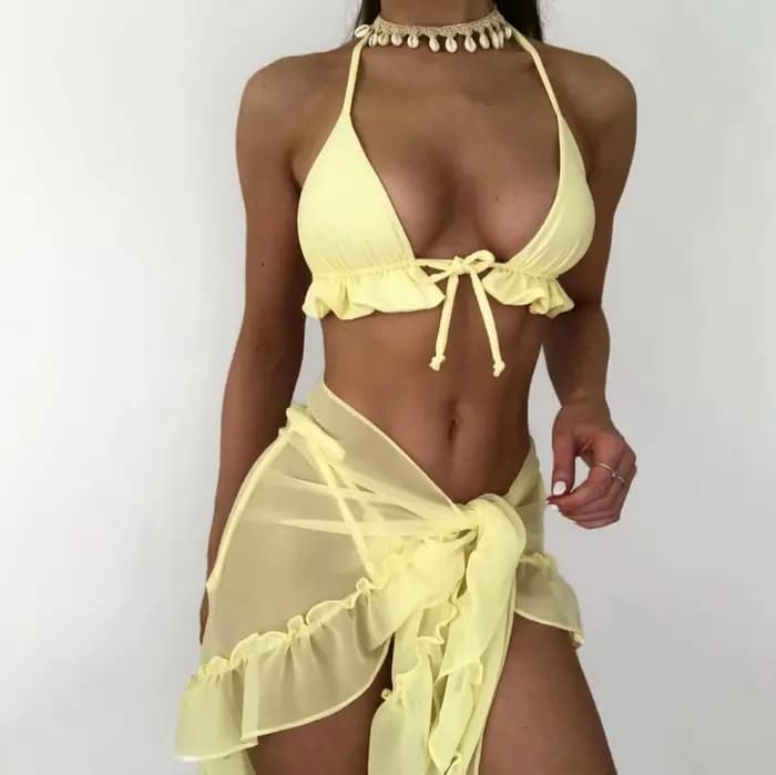 Maillot de bain à lacets pour femmes, licou, sexy, fendu, bikini, jupe en maille, à volants, plissé,