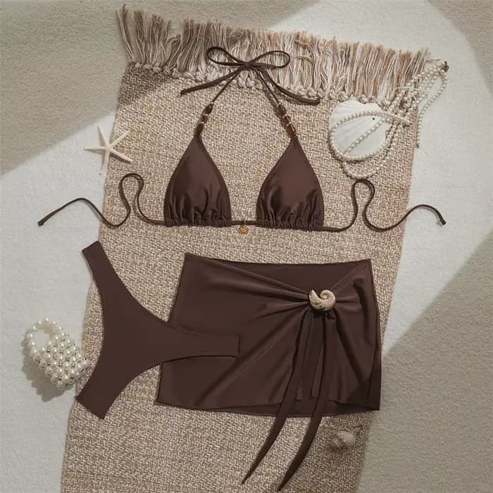 Ensemble de bikini trois pièces pour femme, style brésilien, avec jupe, dos nu et rembourré