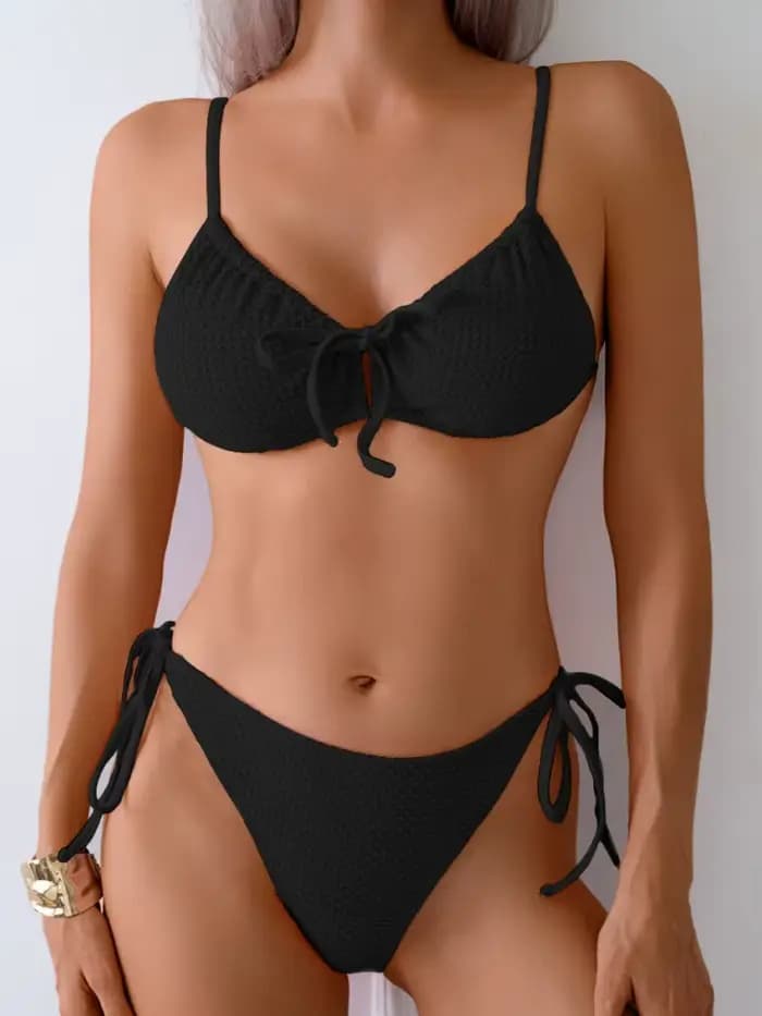 Bikini Femme Maillot de Bain 2026 Nouveau Ensemble de Bikinis Côtelés Uni Sexy à Lacets Maillot de B