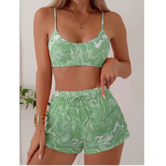 Cikini-Ensemble Bikini Trois Pièces pour Femme, Décontracté, à Imprimé Marbré, avec Short de Couvert