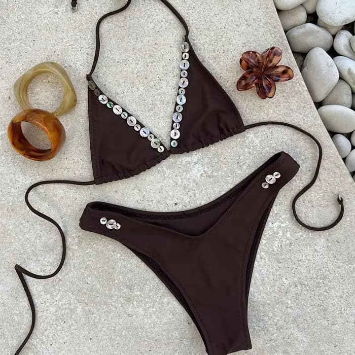 Hirigin Ensemble bikini d'été pour femme, soutien-gorge à bretelles avec décorations boutonnées, str