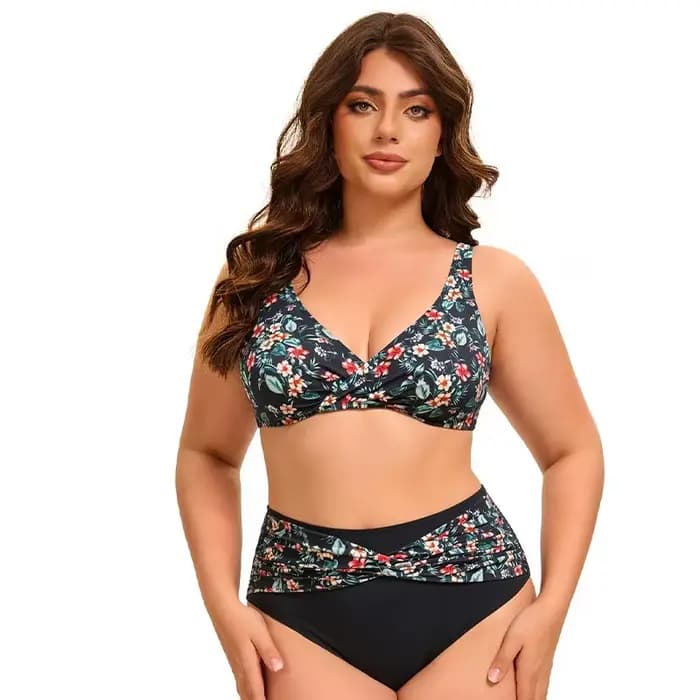 Ensemble bikini 2 pièces taille haute pour femmes grandes tailles, col en V, imprimé floral, maillot
