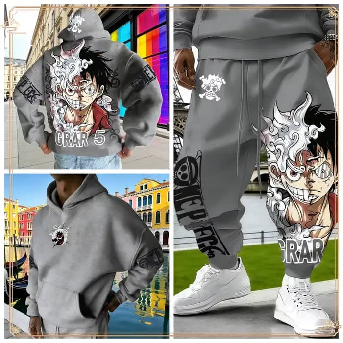 One Piece Luffy Gear 5 Ensemble pantalon à capuche Survêtement en coton rouge avec imprimé de person