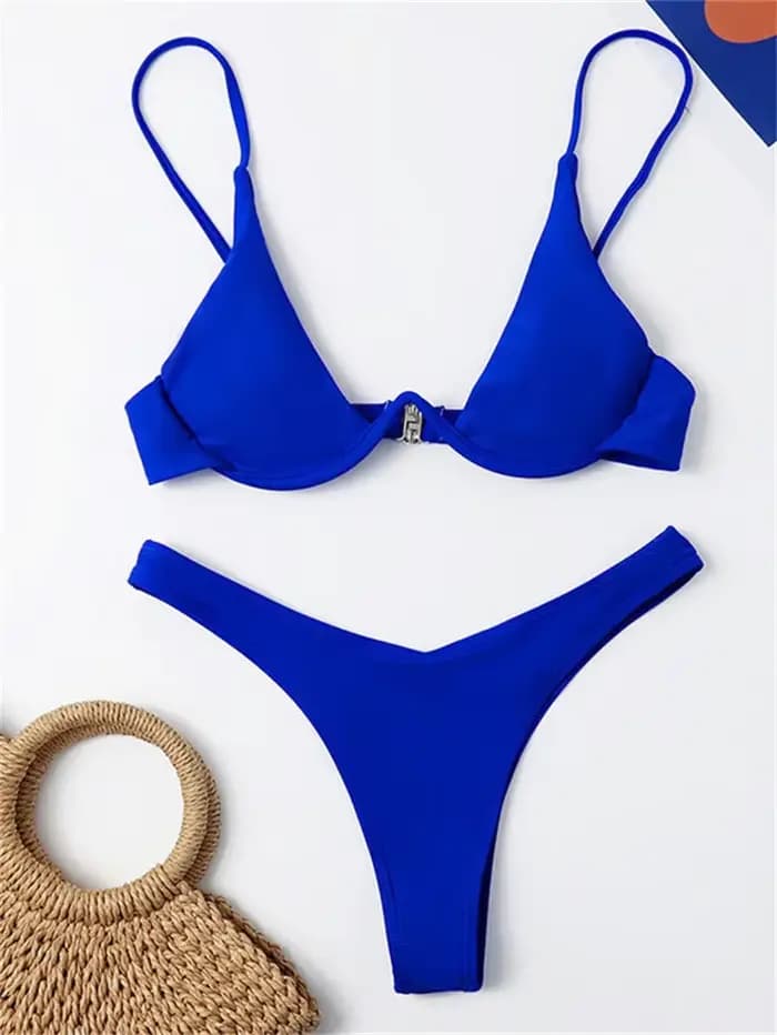 Maillot de bain sexy à armatures 2026 pour femme, rouge uni, avec soutien-gorge push-up, string, col