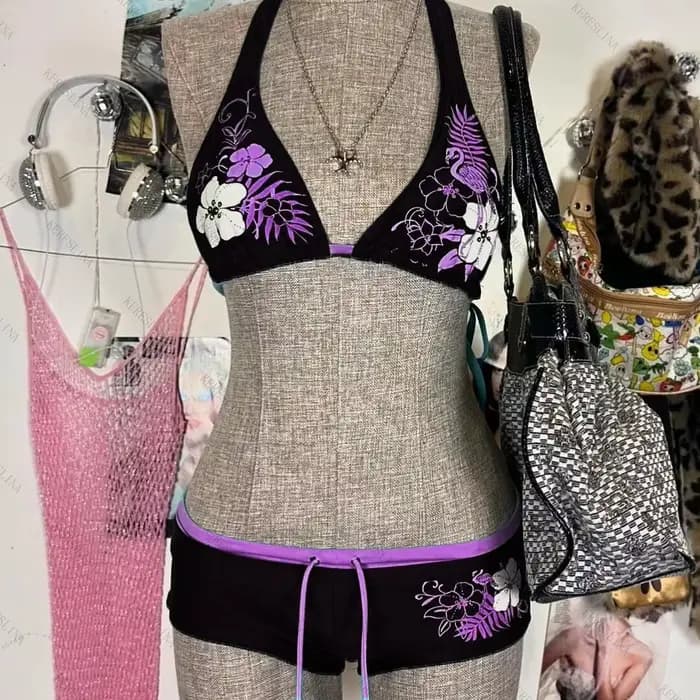 Sexy Hottie imprimé lacé dos nu Bikini 2 pièces ensemble femmes maillot de bain fendu plage Bikini 2