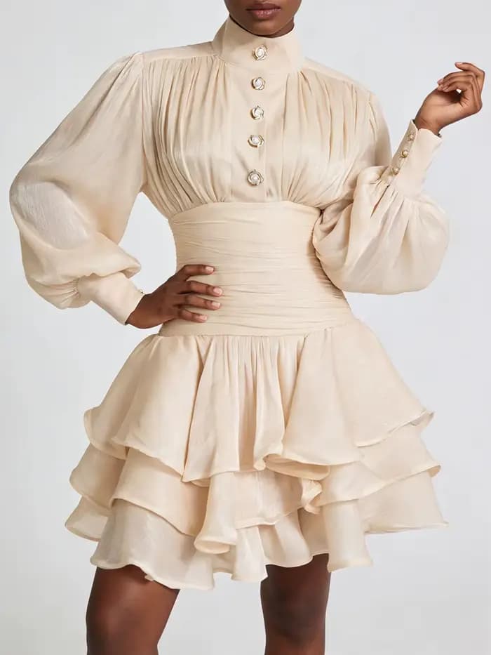 Robes courtes décontractées de style plage VGH pour femmes, col montant, manches longues, taille hau