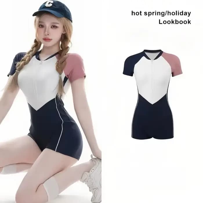 Nouveau Maillot de Bain Une Pièce Sportif à Angle Plat pour Femme 2026, Manches Courtes, Style Conse