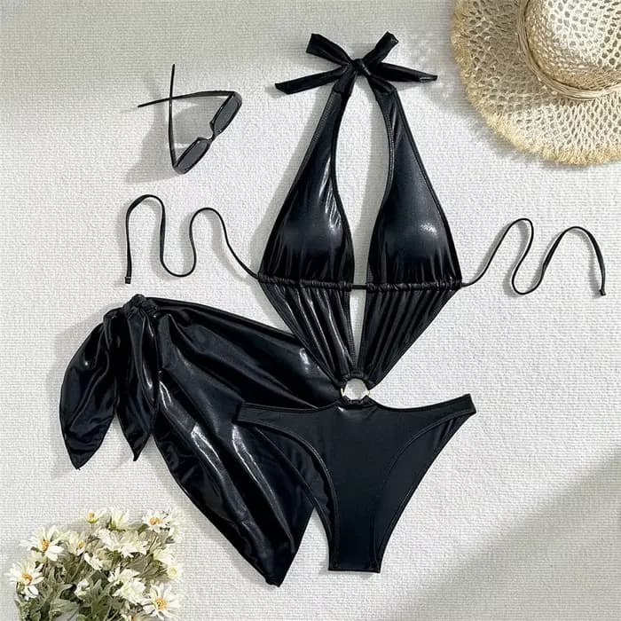 Maillot de bain sexy dos nu brillant pour femme, une pièce, col en V profond, licou, monokini, coupe
