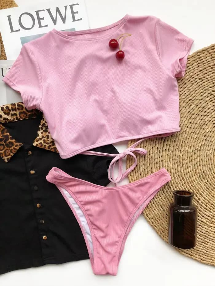 Maillot de bain deux pièces pour femmes, bikini sexy, dos nu, couleur unie, manches courtes, ensembl