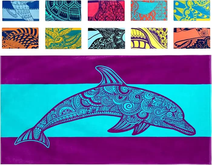 Serviette de plage dauphin, serviette de bain absorbante 100% coton au design unique bleu tropical e