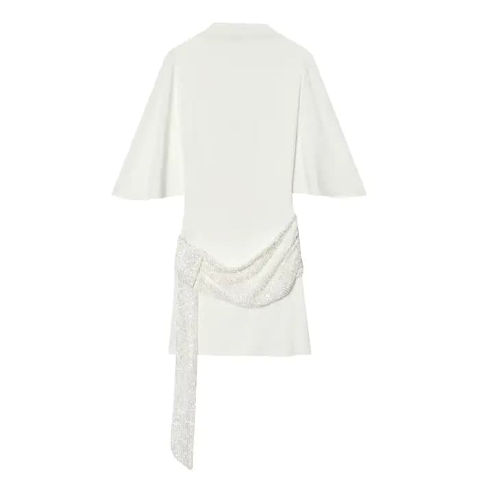 Robe courte blanche à manches courtes et dos nu pour femme, nouvelle mode, décoration à paillettes,