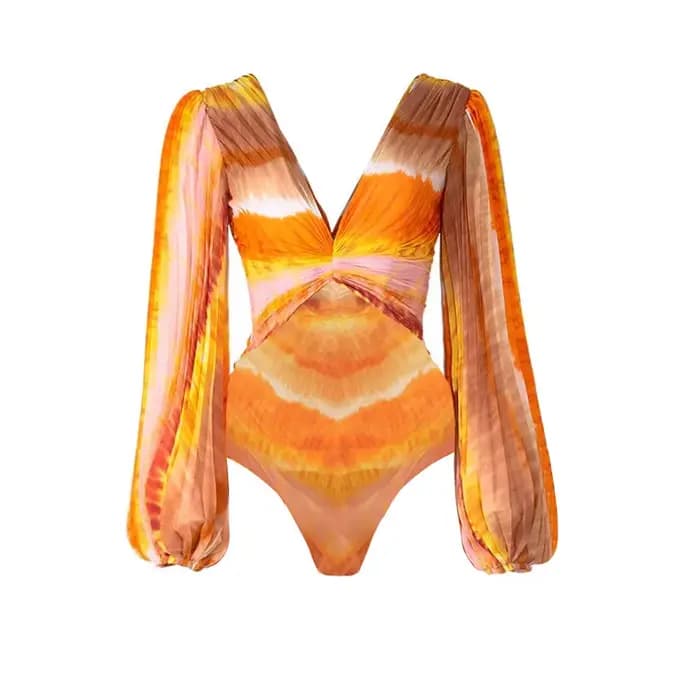 Plissé à manches longues col en v tache une pièce maillot de bain ensemble 2025 mode maillot de bain