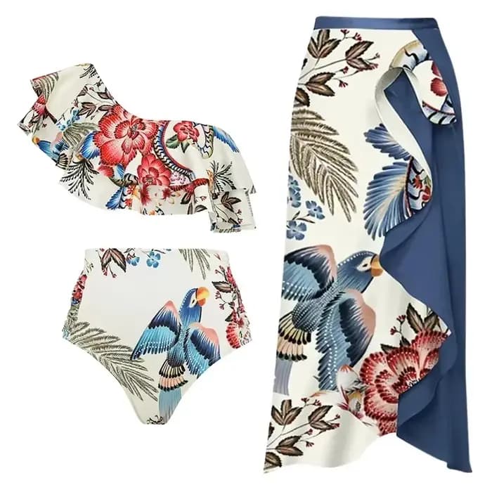 Bikini femme imprimé à volants maillot de bain une épaule Slash boutonnage Bikini deux pièces taille