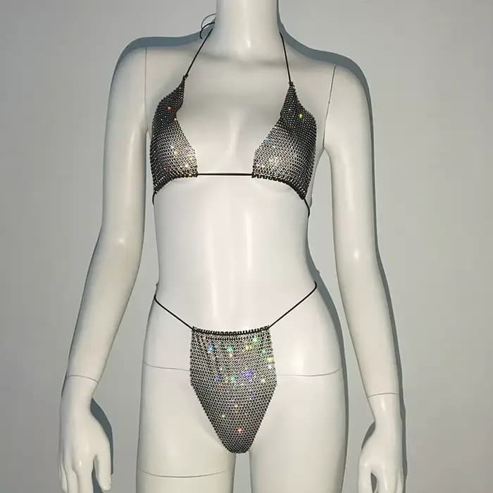 Résille paillettes strass Bikini ensemble femmes maillot de bain maille maillots de bain transparent